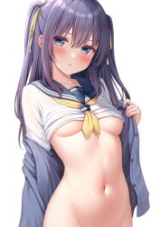 Rule 34 | 1girl, blue cardigan, blue eyes, blue sailor collar, blush, breasts, cardigan, clothes lift, hair between eyes, hair ribbon, karutamo, long hair, looking at viewer, medium breasts, navel, neckerchief, open cardigan, open clothes, original, out-of-frame censoring, parted lips, purple hair, rakugaki-chan, ribbon, sailor collar, shirt, shirt lift, simple background, solo, stomach, two side up, underboob, upper body, white background, white shirt, yellow neckerchief, yellow ribbon