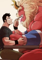 Rule 34 | 2boys, bara, beard, biceps, black hair, brown male underwear, bulge, colored skin, dragon horns, erection, erection under clothes, facial hair, feeding, feet out of frame, forked eyebrows, furry, furry male, furry with non-furry, gardie (otsukimi), highres, horns, huge eyebrows, interspecies, kouhei (otsukimi), large hands, large pectorals, lion hair, looking at another, male focus, male underwear, multiple boys, muscular, muscular male, original, otsukimi, pectorals, penis, penis peek, red skin, shirt, short hair, sideburns, sideburns stubble, sitting, size difference, smile, stubble, t-shirt, thick eyebrows, thighs, topless male, under table, underwear, veins, veiny arms, yaoi