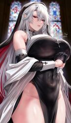 Rule 34 | 1girl, bare shoulders, black gloves, breasts, church, closed mouth, cross, cross necklace, curvy, detached sleeves, from below, gloves, gomi (hakumaiteacher), habit, half gloves, highres, huge breasts, interlocked fingers, jewelry, long hair, necklace, nun, pelvic curtain, praying, red eyes, stained glass, thick thighs, thighs, veil, white hair