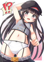 Rule 34 | !?, 1girl, absurdres, arm up, azur lane, belly, belt, black hair, blush, breasts, commentary request, grey eyes, hat, highres, long hair, looking at viewer, navel, oozeki (v-necker), open mouth, panties, simple background, small breasts, solo, underwear, z19 hermann kunne (azur lane)
