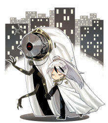 Rule 34 | 1boy, 1girl, ahoge, black gloves, black jacket, black pants, brooch, cape, cityscape, closed eyes, closed mouth, gloria (project moon), gloves, gold trim, holding hands, jacket, jewelry, library of ruina, long hair, multicolored hair, pants, project moon, robot, running, side ponytail, streaked hair, sweat, very long hair, white background, white cape, white hair, yan vismok, york0pm
