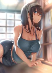 Rule 34 | 10s, 1girl, :o, bare shoulders, black hair, blue camisole, blue eyes, blurry, blurry background, blush, bookshelf, bra strap, breasts, camisole, cleavage, collarbone, commentary request, hair between eyes, hip focus, idolmaster, idolmaster cinderella girls, indoors, large breasts, lens flare, long hair, lying, midriff peek, murasame nohito, on side, sagisawa fumika, shorts, solo, spaghetti strap, window