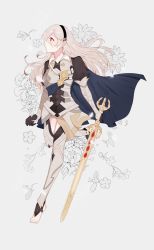 Rule 34 | 1girl, armor, armored dress, barefoot, black gloves, black hairband, blue cape, cape, commentary request, corrin (female) (fire emblem), corrin (fire emblem), fffera, fire emblem, fire emblem fates, floating hair, floral background, full body, gauntlets, gloves, grey hair, hairband, highres, holding, holding sword, holding weapon, korean commentary, long hair, looking away, nintendo, pointy ears, profile, puffy sleeves, red eyes, solo, stirrup legwear, sword, toeless legwear, toes, weapon, white background, yato (fire emblem)
