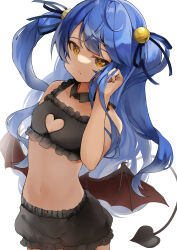 Rule 34 | 1girl, absurdres, amamiya kokoro, bare arms, bare shoulders, bell, black bra, black collar, black shorts, blue hair, blue ribbon, bra, breasts, cleavage cutout, clenched hand, closed mouth, clothing cutout, collar, cowboy shot, demon tail, demon wings, detached collar, expressionless, eyelashes, fang, frilled bra, frilled shorts, frills, hair bell, hair ornament, hair ribbon, hand in own hair, hand up, heart, heart cutout, heart tail, highres, jingle bell, long hair, looking at viewer, midriff, navel, nijisanji, puffy shorts, ribbon, shorts, simple background, small breasts, solo, stomach, swept bangs, tail, takanasimutumi, two side up, underwear, virtual youtuber, wavy hair, white background, wings, yellow eyes