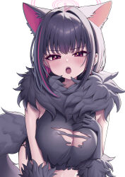 1girl absurdres animal_ears black_fur black_hair black_shirt blue_archive blush breasts cat_ears colored_inner_hair extra_ears fangs halo highres kazusa_(blue_archive) kazusa_(halloween)_(blue_archive) korean_commentary large_breasts looking_at_viewer medium_hair metaljelly multicolored_hair open_mouth pink_eyes pink_hair pink_halo shirt simple_background solo streaked_hair teeth two-tone_hair upper_teeth_only white_background