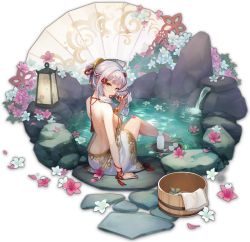 Rule 34 | 1girl, ahoge, azalea (flower), backless dress, backless outfit, barefoot, blunt bangs, braid, breasts, bucket, butt crack, china dress, chinese clothes, choko (cup), cup, dress, flower, flower knot, flower on liquid, folding fan, french braid, from behind, fu ji, full body, hair flower, hair intakes, hair ornament, hair ribbon, hair up, hand fan, highres, lantern, looking at viewer, looking back, mahjong soul, mouth hold, official art, onsen, pink flower, revealing clothes, ribbon, rock, shine cheese, short hair, short hair with long locks, sideboob, sitting, soaking feet, solo, stone walkway, tachi-e, tassel, tokkuri, towel, transparent background, tray, tress ribbon, water, white dress, white flower, white hair, wooden bucket, yellow eyes