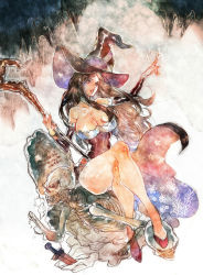 Rule 34 | 1girl, bare shoulders, breasts, brown hair, collarbone, crossed legs, detached sleeves, dragon&#039;s crown, female focus, gradient background, hat, large breasts, long hair, sitting, skeleton, solo, sorceress (dragon&#039;s crown), staff, stalactite, thighs, very long hair, witch hat, zuizi