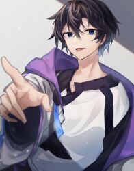 Rule 34 | 1boy, absurdres, black hair, blue eyes, blurry, blurry foreground, highres, hood, hooded jacket, jacket, looking at viewer, male focus, off shoulder, original, pointing, pointing at viewer, shirt, short hair, slime (user jpds8754), smile, solo, tongue, tongue out