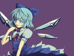 Rule 34 | 1girl, aryus, bad id, bad pixiv id, blue eyes, blue hair, cirno, dress, embodiment of scarlet devil, female focus, matching hair/eyes, ribbon, short hair, simple background, smile, solo, touhou, wings