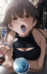 Rule 34 | 1girl, arm support, bare arms, bare shoulders, black hair, black sweater, blue nails, blue tongue, blush, breasts, brown eyes, cleavage, cleavage cutout, clothing cutout, colored tongue, day, ear piercing, earrings, fingernails, food, highres, holding, holding spoon, hoop earrings, jewelry, konata (kankin jk), large breasts, long fingernails, long hair, looking at viewer, meme attire, mishiranu joshikousei ni kankin sareta mangaka no hanashi, nail polish, open-chest sweater, open mouth, outdoors, piercing, pov, ryouma (galley), shaved ice, sleeveless, sleeveless sweater, solo, spoon, sweater, table, tongue, tongue out, upper body