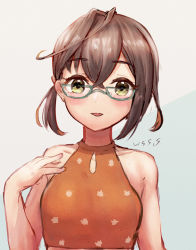 Rule 34 | 1girl, artist name, bikini, black hair, blue-framed eyewear, collarbone, commentary request, crossed bangs, flat chest, glasses, green eyes, halterneck, kantai collection, looking at viewer, multicolored hair, okinami (kancolle), one-piece swimsuit, orange one-piece swimsuit, pink hair, polka dot, polka dot bikini, short hair, single hair intake, solo, swimsuit, two-tone background, upper body, white background, wss (nicoseiga19993411)