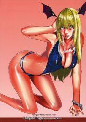Rule 34 | 1girl, all fours, blonde hair, breasts, capcom, casual one-piece swimsuit, cleavage, covered erect nipples, demon girl, female focus, gradient background, head wings, highres, huge breasts, morrigan aensland, multicolored nails, nail polish, nipples, ohshima ryo, one-piece swimsuit, ooshima ryou, see-through, solo, swimsuit, vampire (game), wings, yellow eyes, zipper