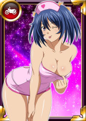 Rule 34 | 00s, 1girl, bare shoulders, bashoku youjou, blue hair, breasts, card (medium), cleavage, female focus, hair ornament, hat, ikkitousen, large breasts, leaning forward, looking at viewer, nurse, one eye closed, short twintails, smile, solo, tongue, tongue out, twintails, wink