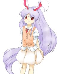 Rule 34 | 1girl, :d, animal ears, buttons, crescent, flat chest, legs apart, long hair, necktie, nonamejd, official style, open mouth, orange sweater vest, ponytail, puffy sleeves, purple hair, rabbit ears, rabbit girl, red eyes, red necktie, reisen udongein inaba, shirt, simple background, skirt, smile, solo, standing, sweater vest, touhou, very long hair, white background, white shirt, zun (style)