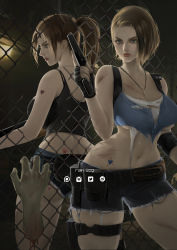 Rule 34 | 2girls, arm tattoo, ass, back-to-back, bare shoulders, black tank top, blue eyes, blue tank top, breasts, brown hair, bruise, capcom, chain-link fence, claire redfield, commentary, crop top, denim, denim shorts, dirty, fence, fingerless gloves, gloves, gun, handgun, heart, heart tattoo, high ponytail, highres, holding, holding gun, holding weapon, injury, jewelry, jill valentine, large breasts, long hair, midriff, multiple girls, navel, necklace, pistol, ponytail, rain wzq, resident evil, resident evil 2, resident evil 2 (remake), resident evil 3, resident evil 3: nemesis, resident evil 3 (remake), severed hand, shorts, sidelocks, stomach, stomach tattoo, tank top, tattoo, thick thighs, thigh strap, thighs, torn clothes, underboob, weapon