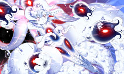 Rule 34 | 1girl, abyssal ship, blue skin, breasts, bubble, colored skin, fingernails, glowing, glowing eyes, hair between eyes, highres, incomplete battleship princess, kantai collection, medium hair, monster girl, neo libra, octopus, scylla, sharp fingernails, small breasts, solo, tentacle hair, tentacles