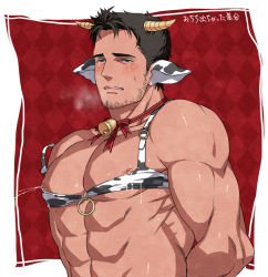 Rule 34 | 1boy, abs, animal ears, animal print, bad id, bad pixiv id, bara, bell, black hair, blue eyes, blush, bra, castella, chris redfield, cow boy, cow ears, cow horns, cow print, crying, crying with eyes open, facial hair, horns, large pectorals, male focus, male lactation, muscular, muscular male, neck bell, nipple slip, nipples, pectorals, resident evil, resident evil 5, resident evil 6, resident evil village, short hair, sideburns, solo, tears, translation request, underwear, upper body