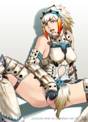 Rule 34 | 1girl, armor, azasuke, bare shoulders, barioth (armor), breasts, brown eyes, capcom, censored, female masturbation, fingering, highres, looking at viewer, masturbation, monster hunter, monster hunter (series), monster hunter 3, multicolored hair, open mouth, pussy, short hair, sitting, solo, spread legs, sweat