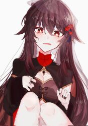 Rule 34 | 1girl, 63k9a, black nails, blush, breasts, brown hair, chinese clothes, cleavage, flower, flower-shaped pupils, genshin impact, hair between eyes, hat, hat flower, highres, hu tao (genshin impact), jewelry, long hair, long sleeves, looking at viewer, multiple rings, open mouth, red eyes, ring, solo, sweatdrop, symbol-shaped pupils, twintails, wavy mouth