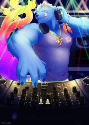 Rule 34 | 1boy, :q, absurdres, bara, blue fur, character request, delta3814, disco, disco ball, furry, furry male, headphones, headphones around neck, highres, looking at viewer, male focus, mohawk, muscular, muscular male, music, nyarlathotep (housamo), pectoral cleavage, pectorals, purple tank top, sidepec, solo, tank top, tokyo houkago summoners, tongue, tongue out, upper body