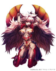 Rule 34 | 1girl, armor, arms behind back, bahamut brave, bikini armor, breasts, character request, copyright request, fingernails, kneeling, large breasts, lipstick, long hair, looking at viewer, makeup, muscular, sharp fingernails, simple background, solo, very long hair, white hair, wings, yoshii