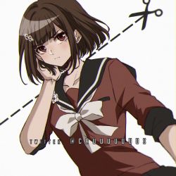 Rule 34 | 1girl, alternate hair length, alternate hairstyle, blunt bangs, bow, bowtie, brown hair, closed mouth, collarbone, commentary, criis-chan, danganronpa (series), danganronpa v3: killing harmony, dutch angle, ear piercing, flower, hair ornament, hand in own hair, hand up, harukawa maki, looking at viewer, mole, mole under eye, piercing, red eyes, red shirt, school uniform, scissor print, shirt, short hair, solo, symbol-only commentary, twitter username, upper body, white bow, white bowtie