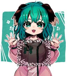 Rule 34 | 1girl, animal ears, bad id, bad twitter id, blush, bouncing breasts, breast focus, breasts, dog ears, doroame (ameyu), dress, fangs, green eyes, green hair, hands up, kasodani kyouko, long sleeves, looking at viewer, medium hair, open mouth, pink dress, qr code, shaking, small breasts, smile, solo, touhou, upper body
