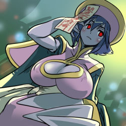 Rule 34 | 1girl, adjusting hair, bad id, bad pixiv id, blue hair, blue skin, blush, breasts, capcom, cleavage, cleavage cutout, clothing cutout, colored skin, cosine, covered erect nipples, cross, dutch angle, flipped hair, from below, grave, huge breasts, jiangshi, lei lei, ofuda, red eyes, short hair, solo, vampire (game)