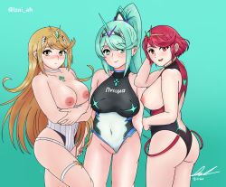 Rule 34 | 2021, 3girls, ass, breasts, choker, cleft of venus, competition swimsuit, covered navel, earrings, embarrassed, female focus, green eyes, green hair, highres, izaiah, jewelry, large breasts, long hair, matching hair/eyes, multiple girls, multiple persona, mythra (xenoblade), one-piece swimsuit, pneuma (xenoblade), pussy, pyra (xenoblade), red eyes, red hair, short hair, signature, smile, swimsuit, topless, xenoblade chronicles (series), xenoblade chronicles 2, yellow eyes