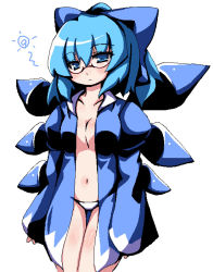 Rule 34 | circled 9, 1girl, adapted costume, bespectacled, breasts, cirno, cleavage, female focus, glasses, jacket, navel, oborotsuki kakeru, open clothes, open jacket, panties, solo, embodiment of scarlet devil, touhou, underwear