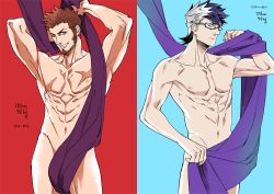 Rule 34 | 2boys, abs, beard, blue eyes, brown hair, facial hair, fate/grand order, fate (series), glasses, long hair, long sideburns, looking at viewer, male focus, manly, multicolored hair, multiple boys, muscular, napoleon bonaparte (fate), pectorals, scar, sideburns, sigurd (fate), simple background, smile, spiked hair, two-tone hair, yococco