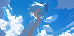 Rule 34 | 1girl, absurdres, bare arms, blue bow, blue hair, blue sky, bow, cirno, closed mouth, cloud, commentary request, dress, hand on own hip, highres, ice, ice wings, looking at viewer, medium hair, outdoors, sky, sleeveless, sleeveless dress, solo, touhou, upper body, uroam, white dress, wings