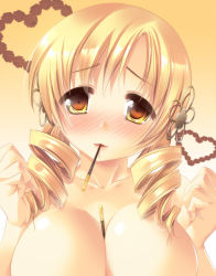 Rule 34 | 10s, 1girl, between breasts, blonde hair, blush, breasts, collarbone, drill hair, food, hair ornament, heart, large breasts, looking at viewer, mahou shoujo madoka magica, mahou shoujo madoka magica (anime), maki (seventh heaven maxion), mouth hold, nude, pocky, solo, tomoe mami, twin drills, twintails, upper body, yellow eyes