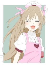 Rule 34 | 1girl, absurdres, apron, bad id, bad twitter id, bandages, blush, buttons, closed eyes, collared shirt, donguri suzume, fang, hair ornament, hat, heart, highres, light brown hair, long hair, natori sana, nurse cap, open mouth, pink apron, pink hat, puffy short sleeves, puffy sleeves, rabbit hair ornament, sana channel, shirt, short sleeves, smile, solo, two side up, virtual youtuber