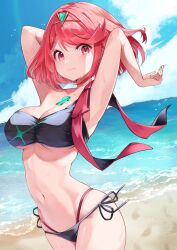 Rule 34 | 1girl, alternate costume, beach, bikini, breasts, large breasts, looking at viewer, pyra (pro swimmer) (xenoblade), pyra (xenoblade), red eyes, red hair, risumi (taka-fallcherryblossom), short hair, smile, solo, swimsuit, water, xenoblade chronicles (series), xenoblade chronicles 2