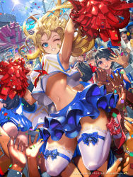 Rule 34 | 1girl, arm up, armpits, black hair, blonde hair, blue eyes, blue sky, cheerleader, confetti, crop top, crop top overhang, crowd, dated, day, female focus, furyou michi ~gang road~, grin, hiasa lily, high heels, highres, jumping, lace, lace-trimmed legwear, lace trim, long hair, looking at viewer, midriff, miniskirt, navel, one eye closed, pom pom (cheerleading), purple eyes, short hair, skirt, sky, smile, solo focus, stadium, sunlight, thighhighs, wally (where&#039;s wally), waving, where&#039;s wally, white thighhighs, wink, xaxak, zettai ryouiki
