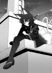 Rule 34 | 1girl, animal ear fluff, animal ears, check copyright, closed mouth, commentary request, copyright request, fox ears, fox girl, from below, full body, greyscale, highres, holding, holding sword, holding weapon, katana, knee up, ladder, long hair, long sleeves, looking at viewer, miniskirt, monochrome, multiple tails, on roof, original, outdoors, pantyhose, pleated skirt, sailor collar, sakuragi rian, sandals, sheath, sheathed, sitting, skirt, solo, sword, tail, weapon, wide sleeves