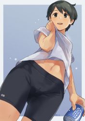 Rule 34 | 1girl, bike shorts, black eyes, black hair, black shorts, can, from below, holding, holding can, kantai collection, makio (makiomeigenbot), mogami (kancolle), navel, open mouth, shirt, short hair, short sleeves, shorts, signature, simple background, solo, sweat, tomboy, two-tone background, white shirt, wiping sweat