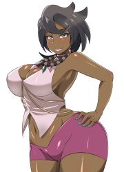 Rule 34 | 1girl, alternate color, bead necklace, beads, black hair, blue nails, blush, bracelet, breasts, cleavage, contrapposto, cowboy shot, creatures (company), crop top, curvy, dark-skinned female, dark skin, earrings, elite four, game freak, gem, grey eyes, hand on own hip, highres, hip focus, island kahuna, jewelry, large breasts, lipstick, makeup, midriff, nail polish, navel, neck ring, necklace, nightmare-doom, nintendo, olivia (pokemon), pokemon, pokemon sm, purple shorts, shiny skin, short hair, short shorts, shorts, sleeveless, smile, solo, standing, swept bangs, trial captain, white background, wide hips
