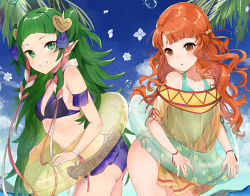 Rule 34 | 2girls, adapted costume, alternate costume, ass, ass-to-ass, bare shoulders, beach, bikini, blue bikini, blue sky, braid, fire emblem, fire emblem: radiant dawn, fire emblem: three houses, flat chest, floral print, flower, frilled bikini, frilled swimsuit, frills, green eyes, green hair, green one-piece swimsuit, grin, haru (nakajou-28), innertube, long hair, looking at viewer, looking to the side, multiple girls, nintendo, one-piece swimsuit, orange eyes, orange hair, palm tree, pointy ears, ribbon braid, see-through, side braid, sky, smile, sothis (fire emblem), swim ring, swimsuit, tree, very long hair, white flower, yune (fire emblem)