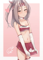 Rule 34 | 1girl, alternate costume, blush, boots, breasts, brown eyes, brown hair, choker, cleavage, clothes writing, crop top, egg, elbow gloves, gloves, hachimaki, hair between eyes, headband, highres, kantai collection, long hair, midriff, miniskirt, ponytail, race queen, red skirt, sakieko, signature, simple background, skirt, small breasts, solo, thigh boots, white gloves, zuihou (kancolle)