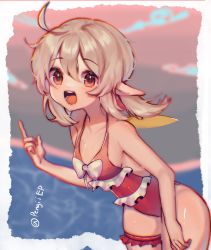 Rule 34 | 1girl, absurdres, artist request, bikini, blonde hair, genshin impact, highres, klee (genshin impact), long hair, open mouth, pointy ears, red eyes, solo, swimsuit