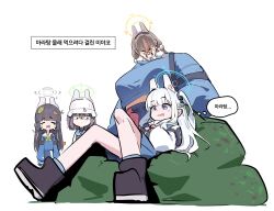 Rule 34 | 4girls, animal ear headwear, animal ears, black-framed eyewear, blue archive, broly (dragon ball z), caught, clenched teeth, crying, domado, drooling, fake animal ears, from below, glasses, halo, highres, holding, holding phone, knees up, korean commentary, korean text, leaf, leaf on head, long sleeves, looking at another, looking at phone, miyako (blue archive), miyu (blue archive), moe (blue archive), mouth drool, multiple girls, narration, one side up, phone, pom pom (clothes), rabbit ears, rabbit platoon (blue archive), saki (blue archive), school uniform, serafuku, shaded face, shirt, simple background, sitting, teardrop, tears, teeth, thought bubble, translated, veiny face, white background