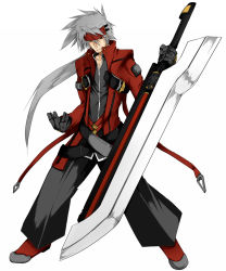Rule 34 | 1boy, alternate color, arc system works, black pants, blazblue, cosplay, costume switch, dokkanohukukaityou, guilty gear, highres, huge weapon, male focus, pants, ragna the bloodedge, ragna the bloodedge (cosplay), sol badguy, solo, sword, weapon