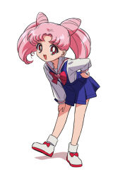 Rule 34 | 1girl, :d, bishoujo senshi sailor moon, blue dress, bow, bright pupils, chibi usa, child, cone hair bun, dress, earrings, full body, hair bun, hand on own hip, jewelry, leaning forward, long hair, long sleeves, looking at viewer, open mouth, pink hair, pleated dress, shirt, shoes, simple background, smile, solo, tongue, twintails, white background, white footwear, white pupils, white shirt, yoko.u