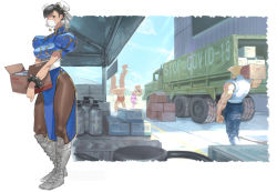 Rule 34 | 1girl, 3boys, balancing, black hair, blonde hair, blue dress, boots, box, bracelet, breasts, brown eyes, brown pantyhose, bun cover, capcom, carrying, china dress, chinese clothes, chun-li, commentary request, coronavirus pandemic, cross-laced footwear, delivery, double bun, dougi, dress, flattop, full body, guile, hair bun, hibiki dan, jewelry, knee boots, mask, military truck, military vehicle, motor vehicle, mouth mask, multiple boys, pantyhose, pelvic curtain, puffy short sleeves, puffy sleeves, sash, short sleeves, side slit, solo focus, sora-bakabon, spiked bracelet, spikes, street fighter, street fighter ii (series), surgical mask, thick thighs, thighs, truck, white footwear, zangief