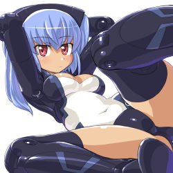 Rule 34 | 10s, 1girl, arms behind head, arms up, bad id, bad pixiv id, black thighhighs, blue hair, blush, bodysuit, boots, breasts, busou shinki, cleavage, cleavage cutout, clothing cutout, covered navel, crotch, dd (ijigendd), doll joints, dutch angle, expressionless, headgear, hip focus, joints, leg up, legs, leotard, long hair, looking at viewer, lying, on back, red eyes, solo, spread legs, strarf, strarf mk2, tan, thigh boots, thighhighs, thighs, twintails