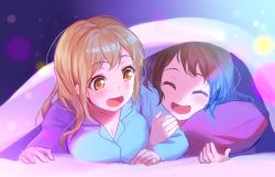 Rule 34 | 10s, 2girls, ^ ^, arm hug, bang dream!, blanket, blonde hair, blush, breasts, brown eyes, brown hair, cleavage, closed eyes, hair down, ichigaya arisa, izu (izzzzz27), large breasts, light particles, looking at another, lying, multiple girls, on stomach, open mouth, pajamas, pillow, smile, toyama kasumi, under covers