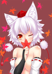 Rule 34 | 1girl, animal ears, breasts, detached sleeves, eyebrows, hat, inubashiri momiji, large breasts, one eye closed, red eyes, short hair, silver hair, solo, thick eyebrows, tokin hat, topless, touhou, wolf ears, wolflong
