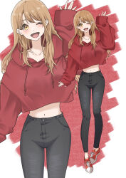 Rule 34 | 1girl, absurdres, alternate costume, alternate hairstyle, arm up, black pants, blonde hair, casual, collarbone, fashion, full body, highres, isshiki iroha, light (lightpicture33), long hair, looking at viewer, navel, one eye closed, open mouth, pants, red footwear, red sweater, shoes, sneakers, solo, standing, sweater, waving, wide sleeves, yahari ore no seishun lovecome wa machigatteiru., yellow eyes, zoom layer